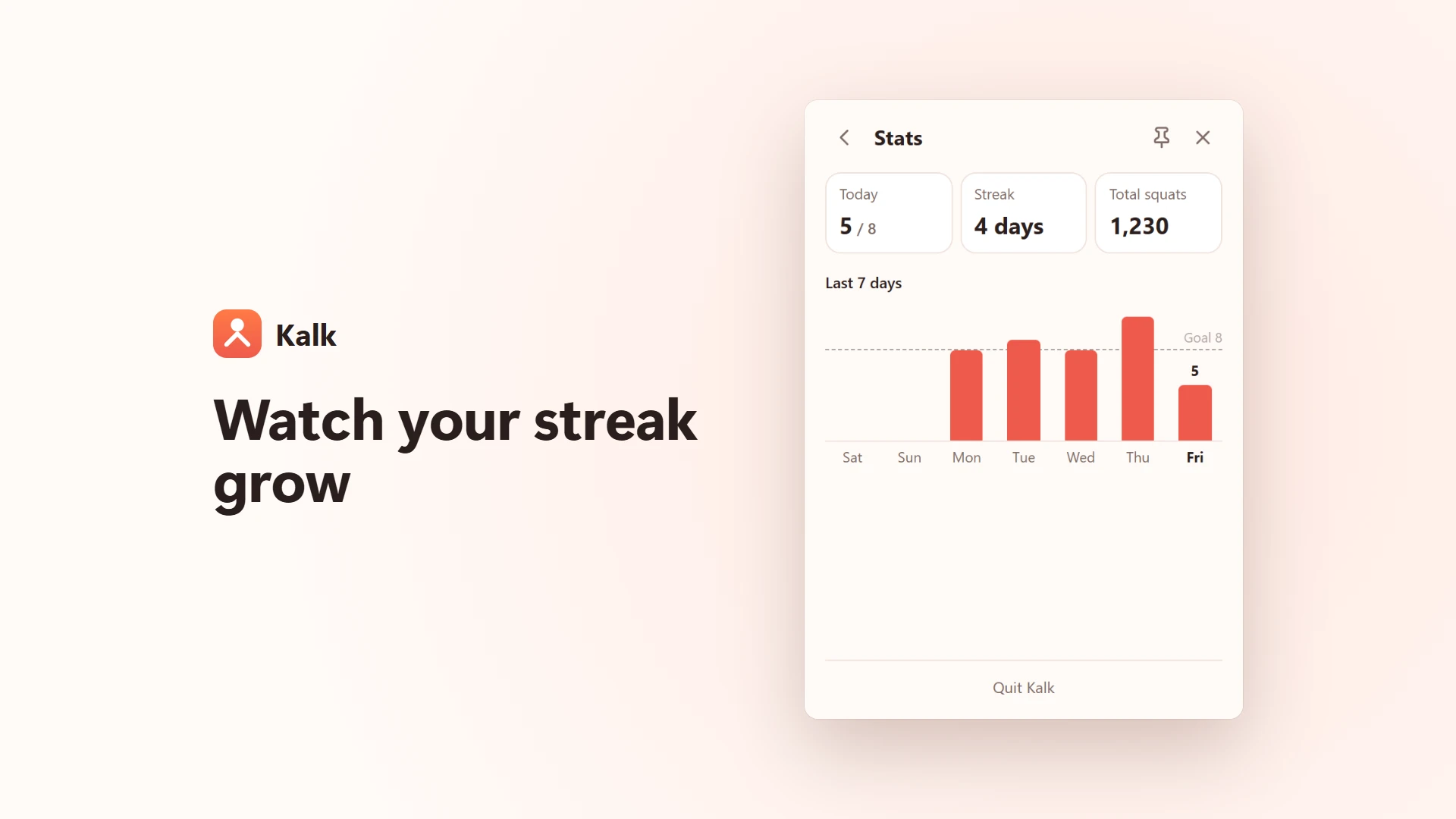 Stats: today, streak, total squats and the last 7 days